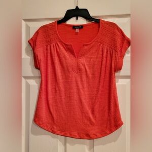 Women's Vibrant Coral Textured Embroidered Split Neck Top size Small